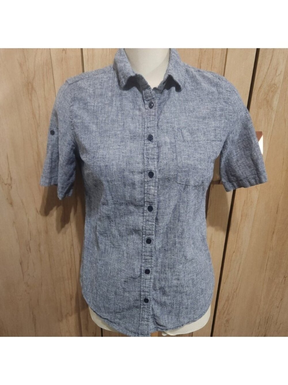 Tommy Hilfiger Womens Blue Linen Blend Short Sleeve Button Down Shirt Classic